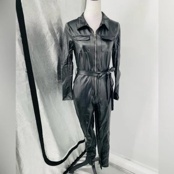 Black Vegan Leather Faux Leather Long Sleeve Belted Bodycon Jumpsuit Playsuit - Picture 11 of 17
